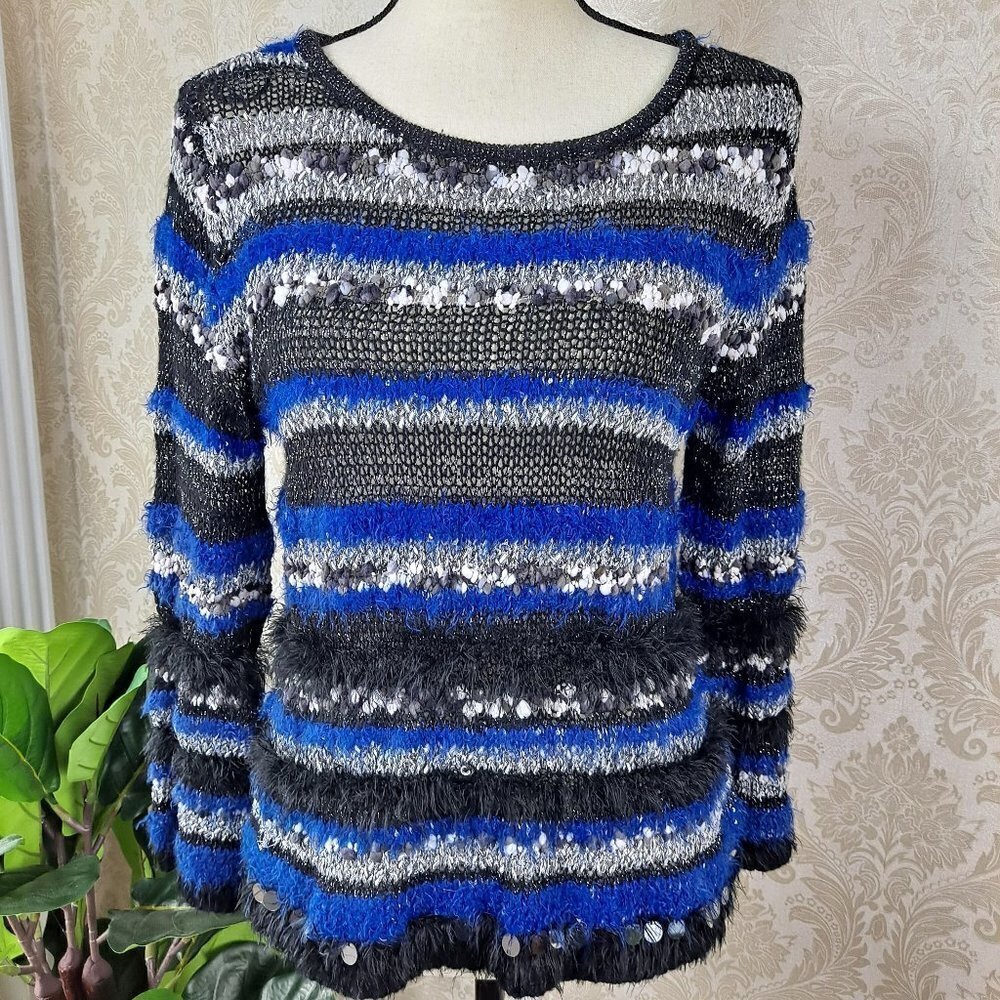Ruby Rd Size Small Black/Blue/Gray/Silver Light Sweater Embellished Sparkle EUC